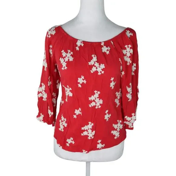 Soft Surroundings XS Red White Embroidered Floral Off Shoulder Blouse Petite - Picture 1 of 5